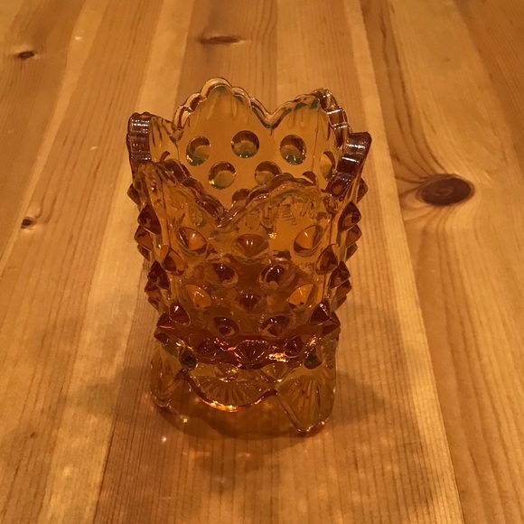 VINTAGE FENTON HOBNAIL AMBER GLASS TOOTHPICK HOLDER GLOWY - Picture 8 of 14
